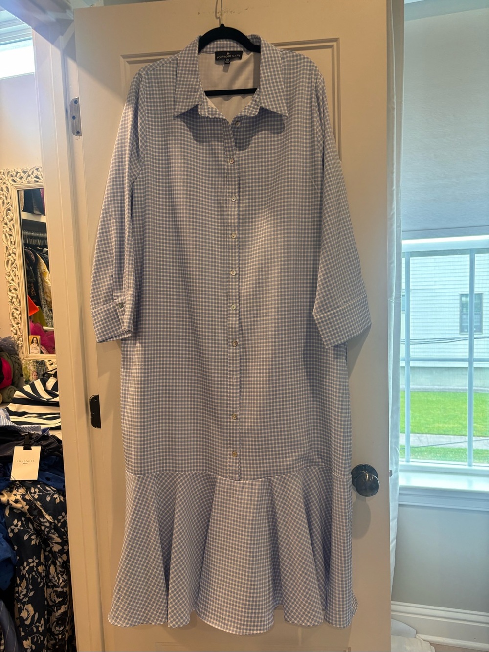 Light Blue Gingham Button-Down Midi Dress